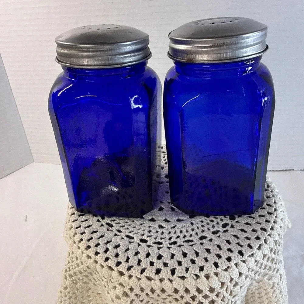 Vtg COBALT BLUE Glass Range SALT & PEPPER Square Shaker Set Art Deco w Holder